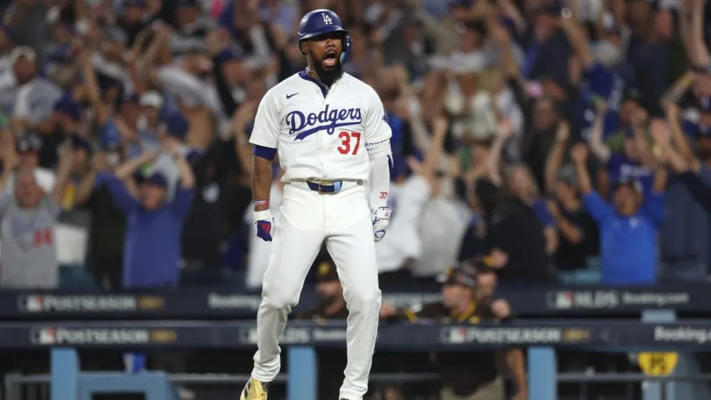 Teoscar Hernández #37 of the Los Angeles Dodgers celebrates after hitting a solo home run against the San Diego Padres during the seventh inning of Game Five of the Division Series at Dodger Stadium on October 11, 2024 in Los Angeles, California. (Photo by Harry How/Getty Images)