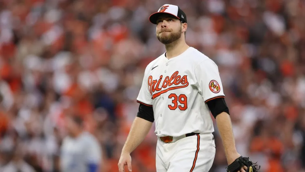Corbin Burnes #39 of the Baltimore Orioles reacts as he removed from the game against the Kansas City Royals during the ninth inning of Game One of the Wild Card Series at Oriole Park at Camden Yards on October 01, 2024 in Baltimore, Maryland. (Photo by Patrick Smith/Getty Images)