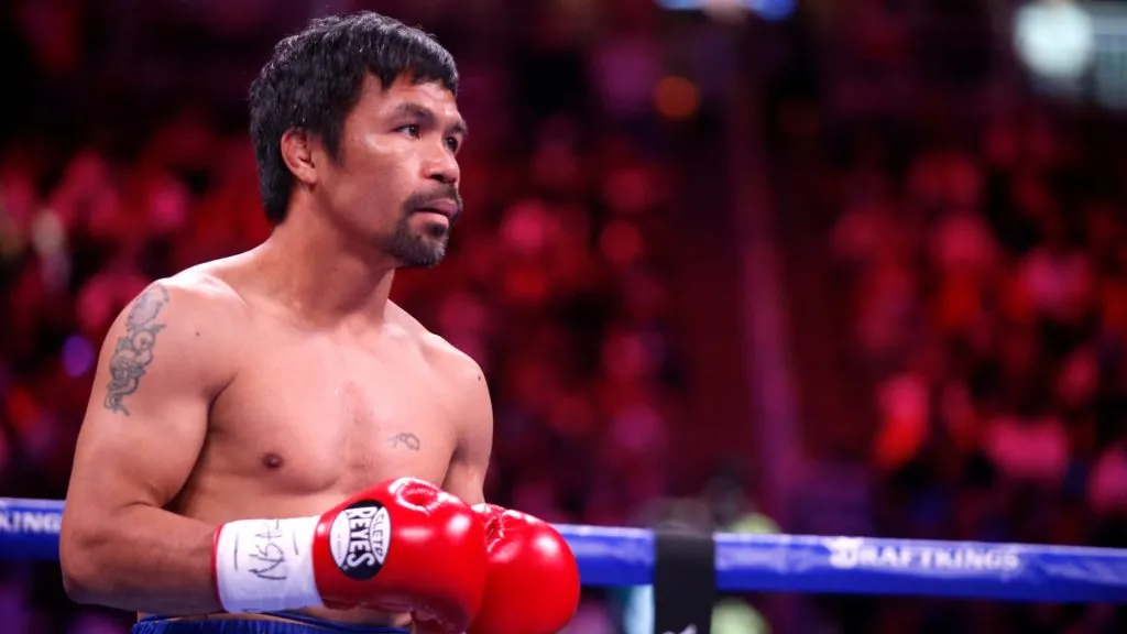 Manny Pacquiao prepares for a WBA welterweight title fight against Yordenis Ugas at T-Mobile Arena on August 21, 2021 in Las Vegas, Nevada. Ugas retained the title by unanimous decision. (Photo by Steve Marcus/Getty Images)