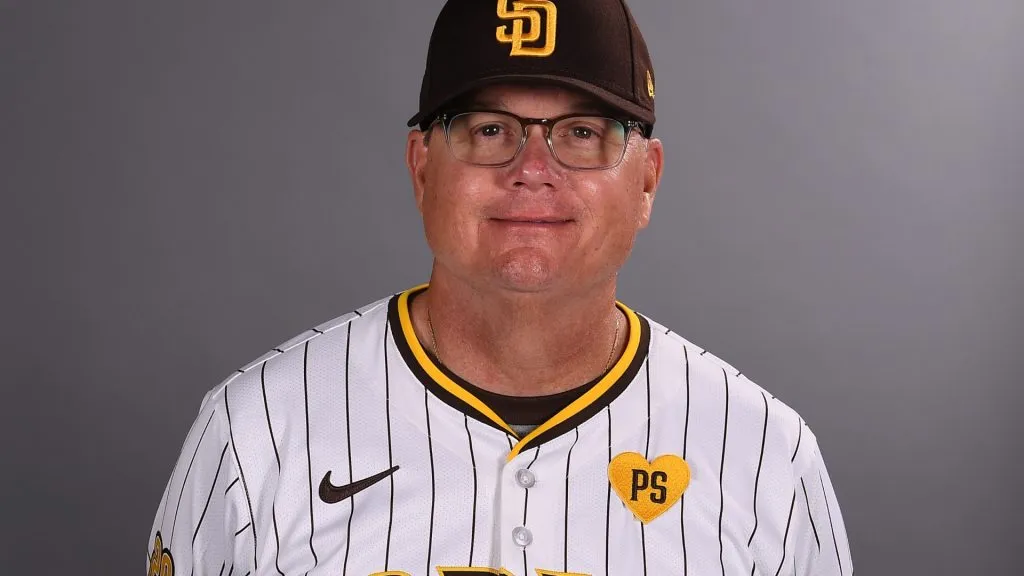 Manager Mike Shildt #8 of the San Diego Padres poses for a portrait during Photo Day at the Peoria Sports Complex on February 20, 2024. (Source: Norm Hall/Getty Images)
