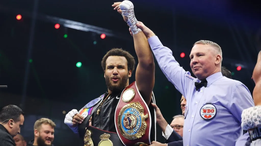 Moses Itauma has his hand raised following victory over Demsey McKean in the WBO Inter-Continental, WBA International and Commonwealth Silver Heavyweight titles’ fight between Moses Itauma and Demsey McKean as part of Oleksandr Usyk v Tyson Fury 2, Reignited card at Kingdom Arena on December 21, 2024 in Riyadh, Saudi Arabia. (Photo by Richard Pelham/Getty Images)