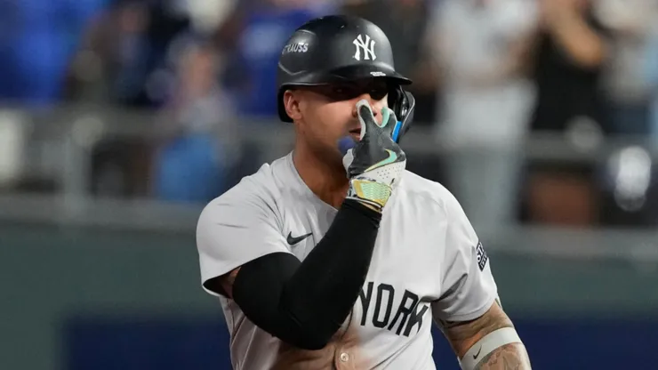 Gleyber Torres #25 of the New York Yankees celebrates a double during the first inning against the Kansas City Royals during Game Four of the Division Series at Kauffman Stadium on October 10, 2024 in Kansas City, Missouri.