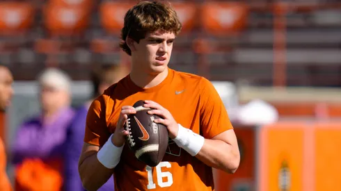 Texas quarterback Arch Manning (16) warms up on the field before the start of the first round College Football Playoff game between the Texas Longhorns and the Clemson Tigers on December 21, 2024 in Austin, Texas.