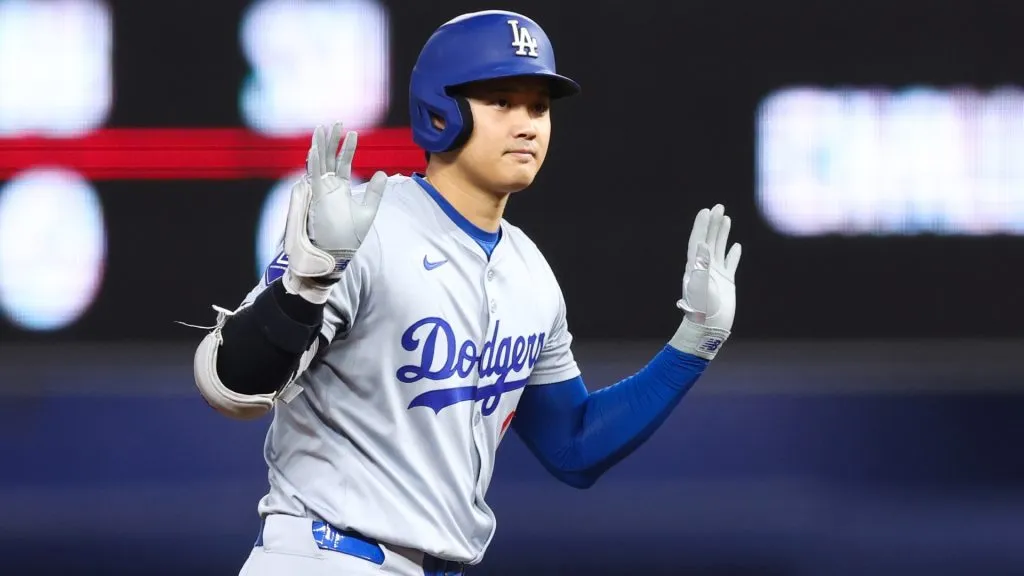 Shohei Ohtani #17 of the Los Angeles Dodgers reacts after hitting a double against the Miami Marlins during the first inning of the game at loanDepot park on September 19, 2024. (Source: Megan Briggs/Getty Images)