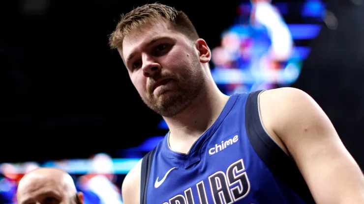 Luka Doncic #77 of the Dallas Mavericks leaves the court against the Minnesota Timberwolves in the first half at American Airlines Center.