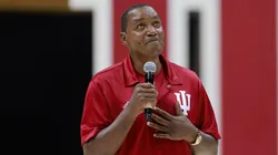 Isiah Thomas makes an emotional speech during Hoosier Hysteria at Simon Skjodt Assembly Hall.