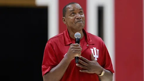 Isiah Thomas makes an emotional speech during Hoosier Hysteria at Simon Skjodt Assembly Hall.
