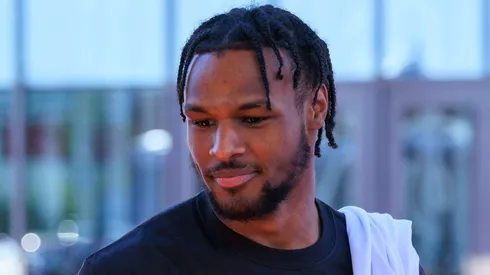 Bronny James of the Los Angeles Lakers attends the Thanksgiving Feast for 100 Crete Academy Students on Tuesday November 12, 2024 at the L.A. Lakers training facility in Los Angeles, California.