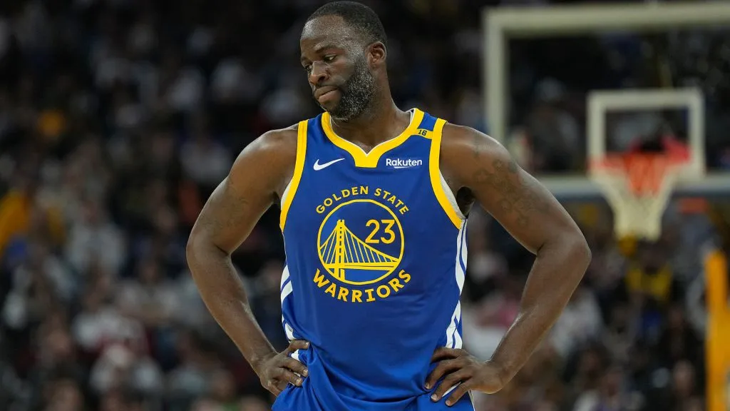 Draymond Green #23 of the Golden State Warriors reacts after a foul call against the Los Angeles Lakers during the first half at Chase Center.