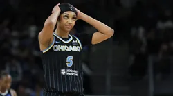 Chicago Sky star Angel Reese reacts to a play during the Commissioners Cup game