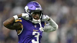 Minnesota Vikings wide receiver Jordan Addison (3) celebrates his 42-yard pass reception during the fourth quarter of a NFL, American Football Herren, USA game between the Minnesota Vikings and Atlanta Falcons on December 8, 2024, at U.S. Bank Stadium in Minneapolis, MN.