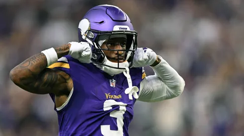 Minnesota Vikings wide receiver Jordan Addison (3) celebrates his 42-yard pass reception during the fourth quarter of a NFL, American Football Herren, USA game between the Minnesota Vikings and Atlanta Falcons on December 8, 2024, at U.S. Bank Stadium in Minneapolis, MN.