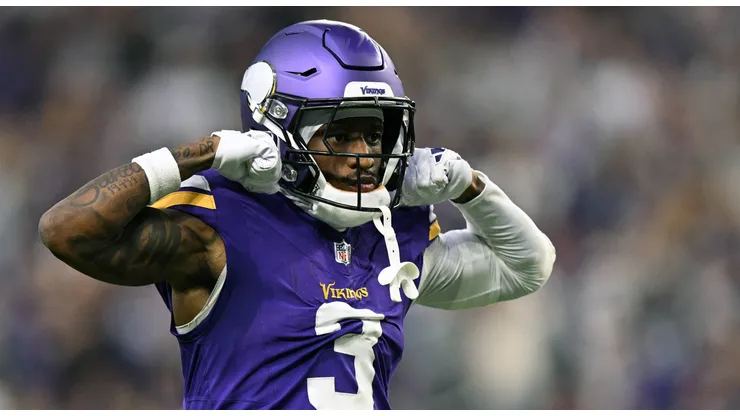Minnesota Vikings wide receiver Jordan Addison (3) celebrates his 42-yard pass reception during the fourth quarter of a NFL, American Football Herren, USA game between the Minnesota Vikings and Atlanta Falcons on December 8, 2024, at U.S. Bank Stadium in Minneapolis, MN.
