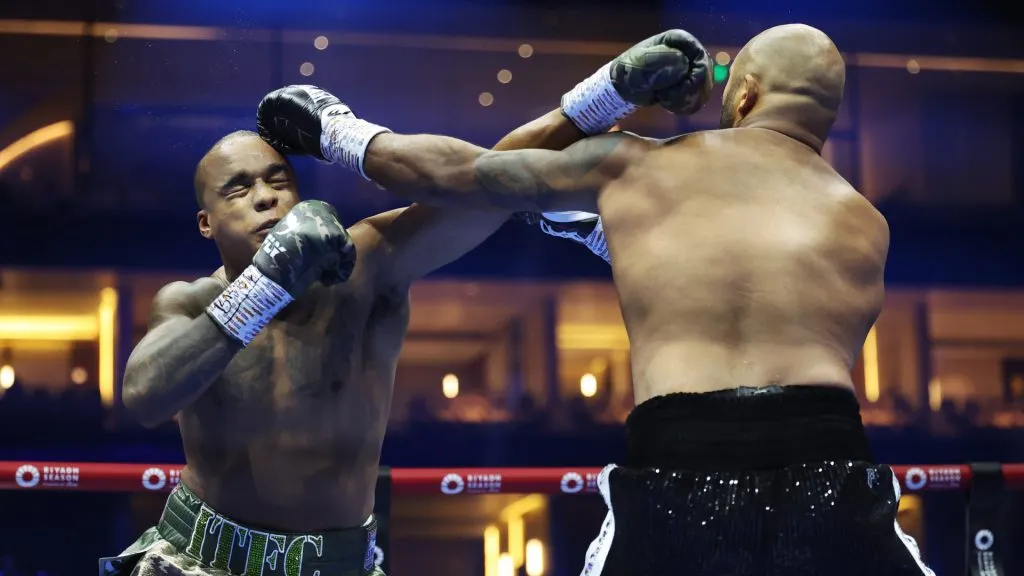 Wardley and Clarke exchange punches during the British Heavyweight title fight (Richard Pelham/Getty Images)