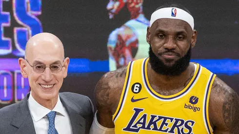 LeBron James 6 of the Los Angeles Lakers poses for a photo with NBA, Basketball Herren, USA Commissioner Adam Silver and Kareem Abdul-Jabbar after breaking his all time scoring record of 38,388 points.