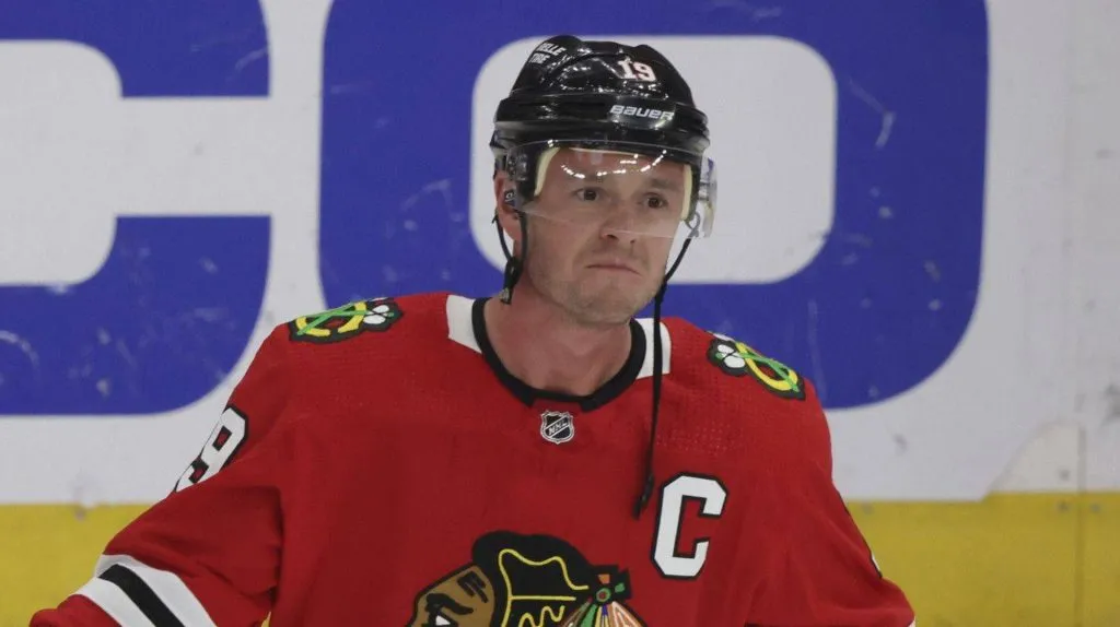 Jonathan Toews warms up for his final game as a Blackhawks player on April 13, 2023, at the United Center.