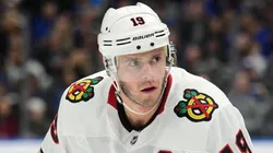 Chicago Blackhawks center Jonathan Toews (19) during an NHL game between the Chicago Blackhawks and the St. Louis Blues, on February 25, 2020, at Enterprise Center, St. Louis, MO.