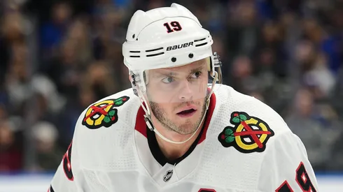 Chicago Blackhawks center Jonathan Toews (19) during an NHL game between the Chicago Blackhawks and the St. Louis Blues, on February 25, 2020, at Enterprise Center, St. Louis, MO.