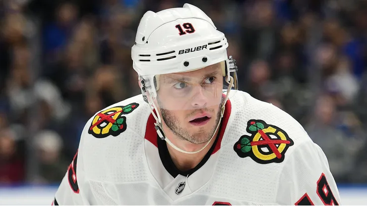 Chicago Blackhawks center Jonathan Toews (19) during an NHL game between the Chicago Blackhawks and the St. Louis Blues, on February 25, 2020, at Enterprise Center, St. Louis, MO.