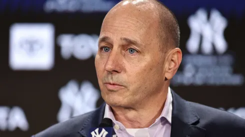GM Brian Cashman speaks to the media during a press conference at Yankee Stadium on December 21, 2022.