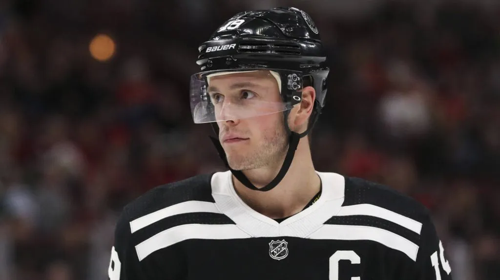 The Chicago Blackhawks Jonathan Toews before a face-off against the Anaheim Ducks at the United Center in Chicago on March 3, 2020.
