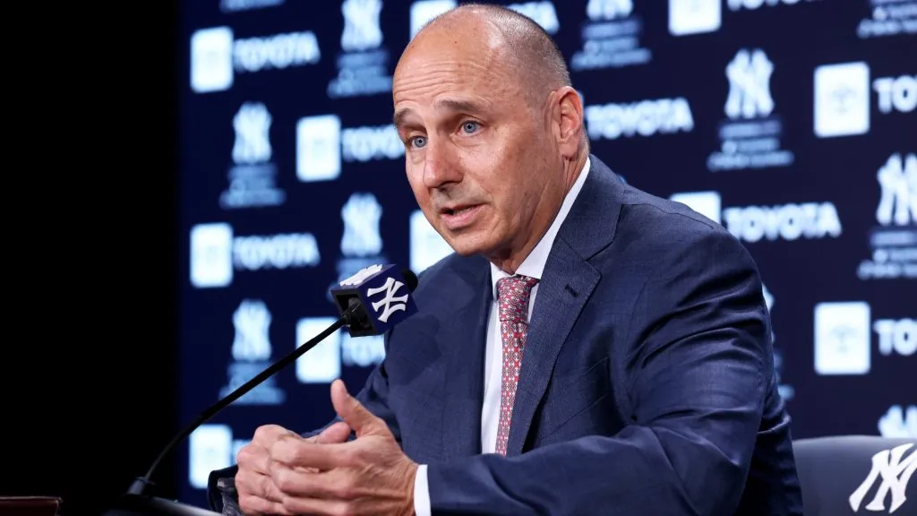New York Yankees General Manager Brian Cashman speaks to the media prior to the start of the game against the Boston Red Sox at Yankee Stadium on April 08, 2022. (Source: Mike Stobe/Getty Images)