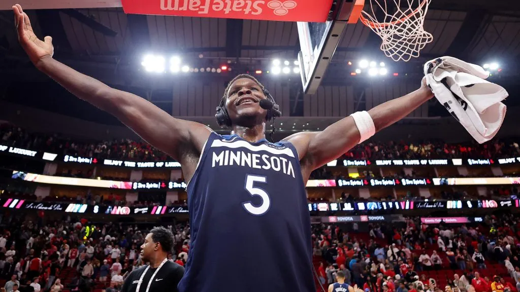 Anthony Edwards #5 of the Minnesota Timberwolves reacts during a post-game interview after defeating the Houston Rockets 113-112 at Toyota Center. (Alex Slitz/Getty Images)