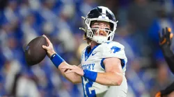 Brock Vandagriff 12 of the Kentucky Wildcats looks to pass the ball during the NCAA football game between the University of Tennessee Volunteers and the University of Kentucky Wildcats at Neyland Stadium in Knoxville, TN.
