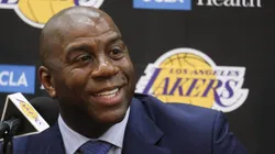 Magic Johnson at an introductory press conference in Los Angeles.