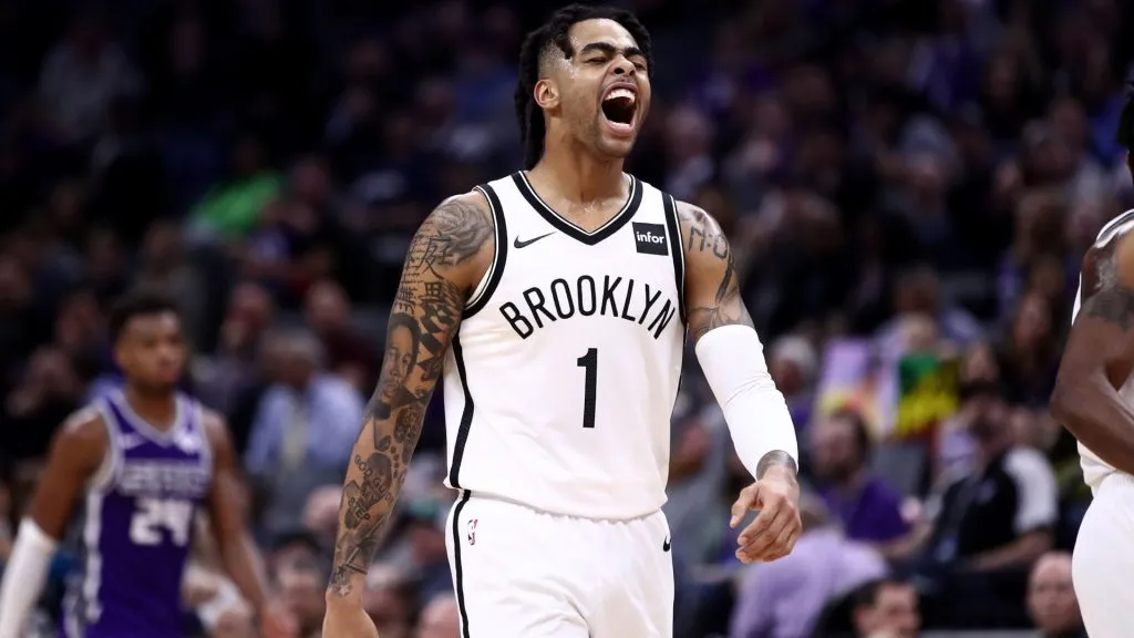 ‘Angelo Russell #1 of the Brooklyn Nets reacts during their game against the Sacramento Kings at Golden 1 Center on March 19, 2019. (Ezra Shaw/Getty Images)