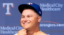 Joc Pederson during his presentation with the Texas Rangers.