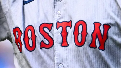 A close-up of Kenley Jansen's #74 jersey as the Boston Red Sox pitcher.