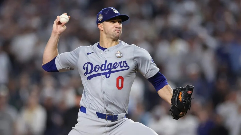 Starting pitcher Jack Flaherty #0 of the Los Angeles Dodgers pitches during the first inning of Game Five of the 2024 World Series against the New York Yankees at Yankee Stadium on October 30, 2024 in the Bronx borough of New York City. (Photo by Sarah Stier/Getty Images)
