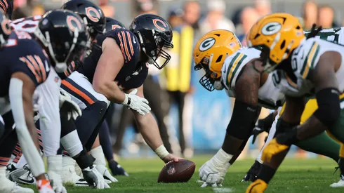 A detail of the line of scrimmage between the Chicago Bears and the Green Bay Packers during the fourth quarter at Soldier Field on November 17, 2024.