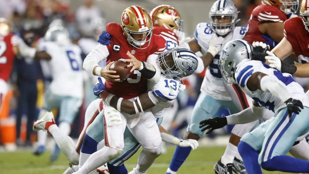 DeMarvion Overshown #13 of the Dallas Cowboys sacks Brock Purdy #13 of the San Francisco 49ers during the fourth quarter at Levi’s Stadium on October 27, 2024. (Source: Lachlan Cunningham/Getty Images)
