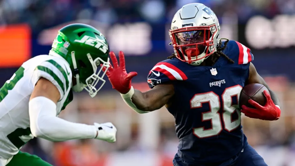 Rhamondre Stevenson #38 of the New England Patriots runs with the ball during the second half against the New York Jets at Gillette Stadium on October 27, 2024. (Source: Jaiden Tripi/Getty Images)