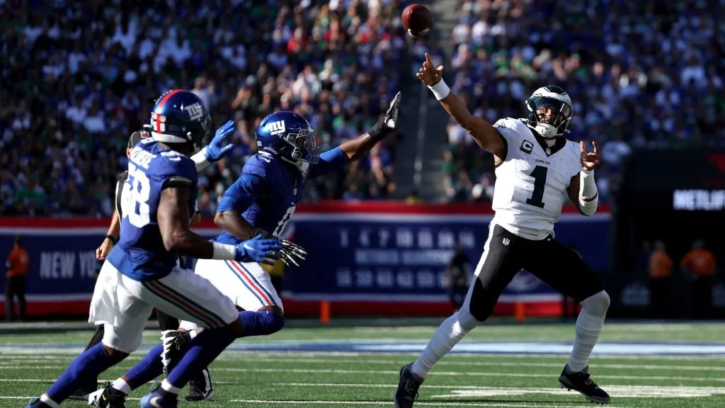 Jalen Hurts #1 of the Philadelphia Eagles in action against the New York Giants at MetLife Stadium on October 20, 2024. (Source: Luke Hales/Getty Images)