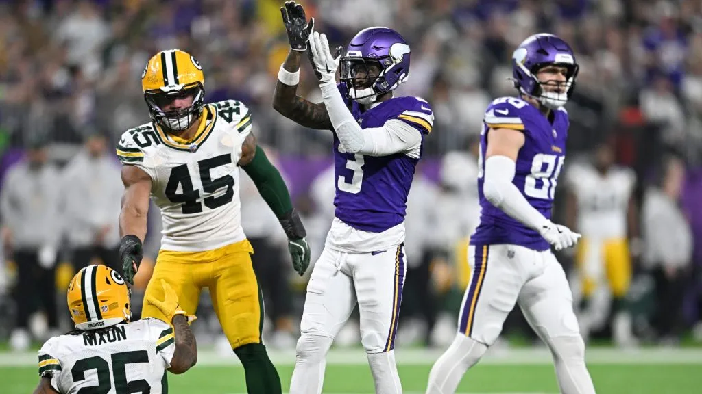 Jordan Addison #3 of the Minnesota Vikings celebrates a first down reception during the third quarter of a game against the Green Bay Packers at U.S. Bank Stadium on December 29, 2024. (Source: Stephen Maturen/Getty Images)