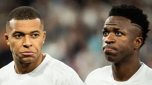 Vinicius Jr. and Kylian Mbappe of Real Madrid during a Champions League match