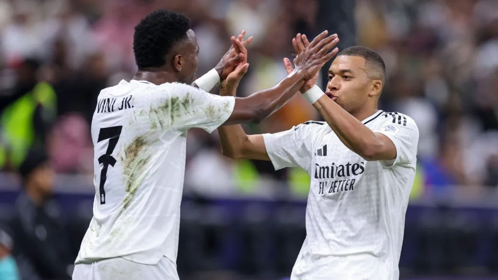 Vinicius and Kylian Mbappe of Real Madrid celebrate after scoring a goal during the FIFA Intercontinental Cup (IMAGO / Xinhua)