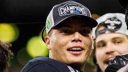 Oregon quarterback Dillon Gabriel (8) during postgame celebration of NCAA, College League, USA football game action between the Penn State Nittany Lions and the Oregon Ducks at Lucas Oil Stadium in Indianapolis, Indiana.
