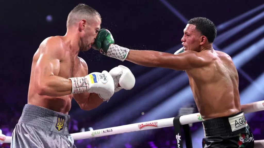 Light heavyweight boxer David Benavidez (R) lands a punch from Oleksandr Gvozdyk during a fight for an interim WBC light heavyweight title at MGM Grand Garden Arena on June 15, 2024 in Las Vegas, Nevada. Benavidez won the title by unanimous decision. (Photo by Steve Marcus/Getty Images)