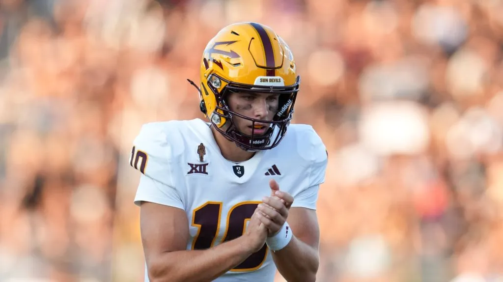Arizona State quarterback Sam Leavitt (10) prepares for a snap during an NCAA football game between Texas State and Arizona State on September 12, 2024, in San Marcos, Texas.