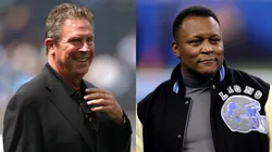 Former Miami Dolphins quarterback Dan Marino looks on prior to a game in 2023 — Former NFL player Barry Sanders of the Detroit Lions reacts during the first half between the Los Angeles Rams and Detroit Lions in 2024.