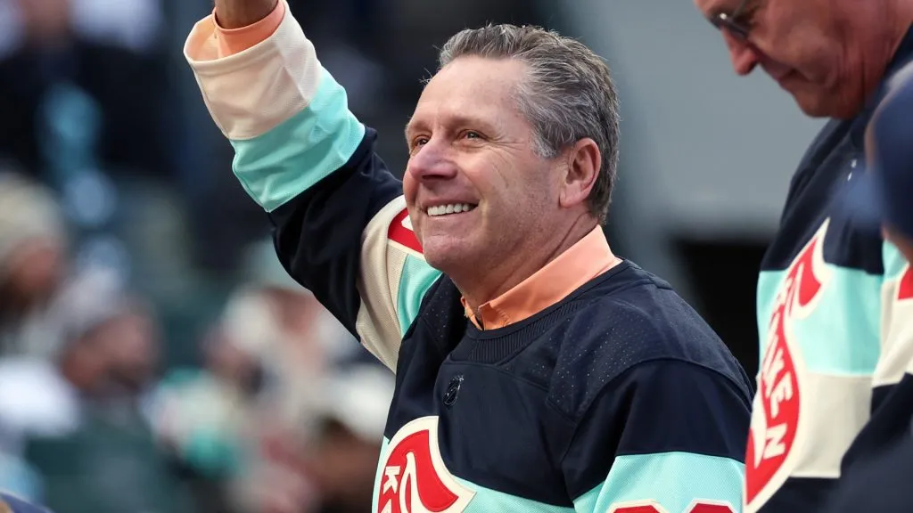 Former Seattle Seahawks player Steve Largent is honored during the second intermission during the game between the Seattle Kraken and the Vegas Golden Knights on January 01, 2024. (Source: Steph Chambers/Getty Images)
