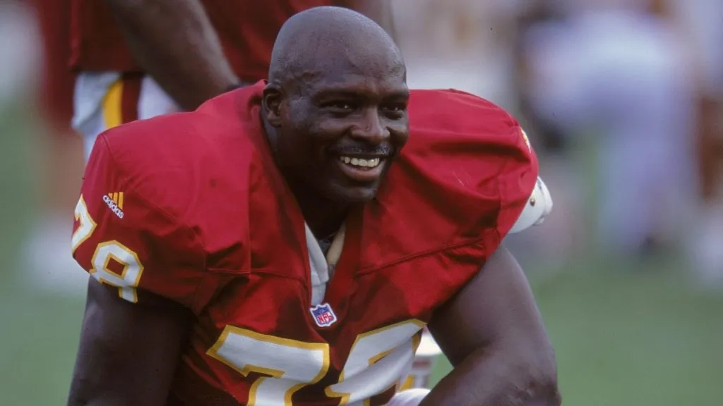 Bruce Smith #78 of the Washington Redskins is looking on during the Redskins Training Camp at the Redskins Park in 2000. (Source: Ezra O. Shaw /Allsport)