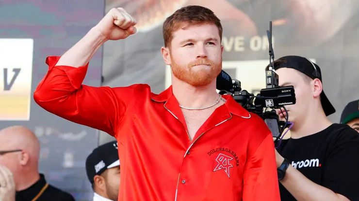 Canelo Alvarez of Mexico poses during their ceremonial weigh-in at Toshiba Plaza on September 16, 2022 in Las Vegas, Nevada.