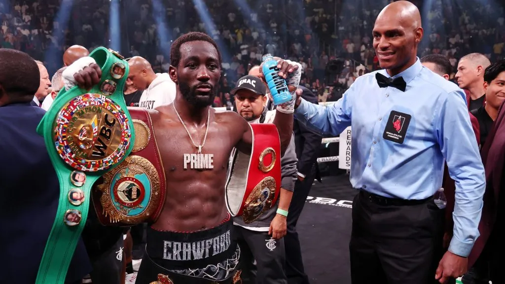 Terence Crawford celebrates with his championship belts after defeating Errol Spence Jr. in the World Welterweight Championship bout at T-Mobile Arena on July 29, 2023 in Las Vegas, Nevada. (Photo by Al Bello/Getty Images)