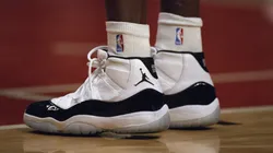 A close-up shot of Air Jordans as they appear on the court during the game between the New York Knicks and the Chicago Bulls at the United Center.