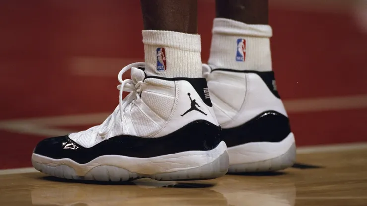 A close-up shot of Air Jordans as they appear on the court during the game between the New York Knicks and the Chicago Bulls at the United Center.